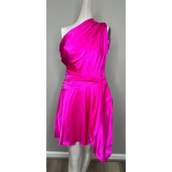 Amanda Uprichard Hot Pink Silk One-Shoulder Mini Dress Size Small - Picture 3 of 8